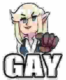 extremely crunchy, compressed doodle of Caelle pointing at the viewer, with the word ‘GAY’ written beneath her in all caps impact font.